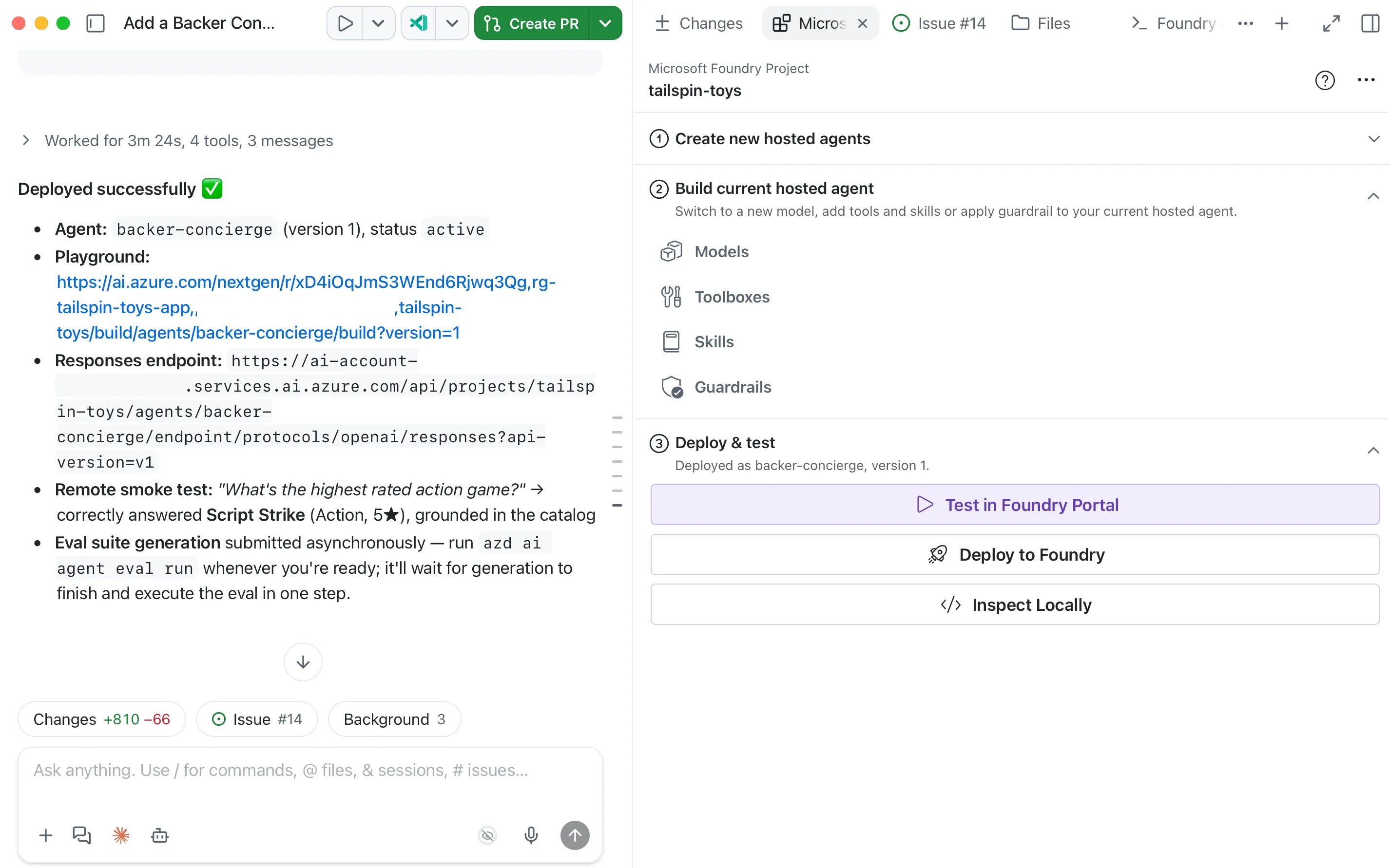 Deploy to Foundry prompt on the canvas