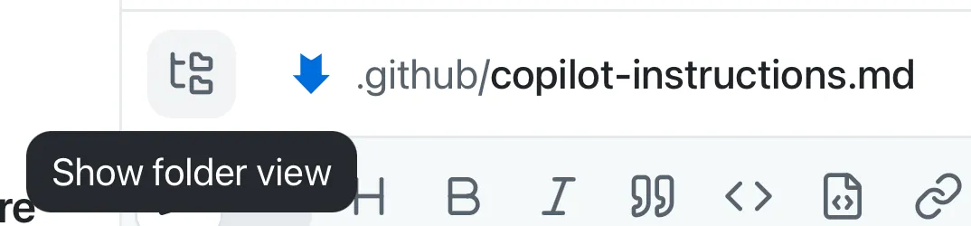 The Show folder view button in the review panel with a file open in the GitHub Copilot app