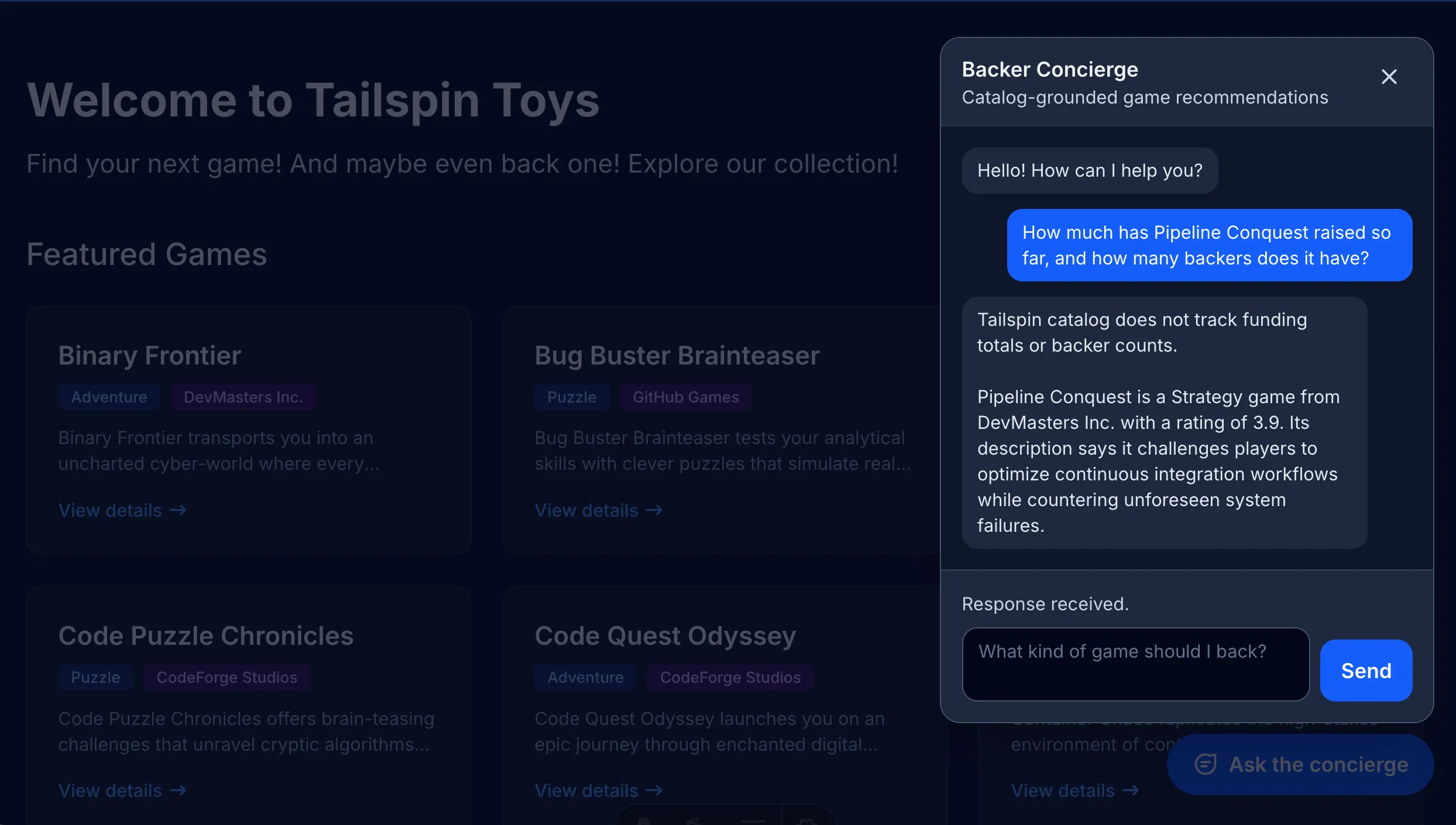 Screenshot of the Backer Concierge widget in the Tailspin Toys site