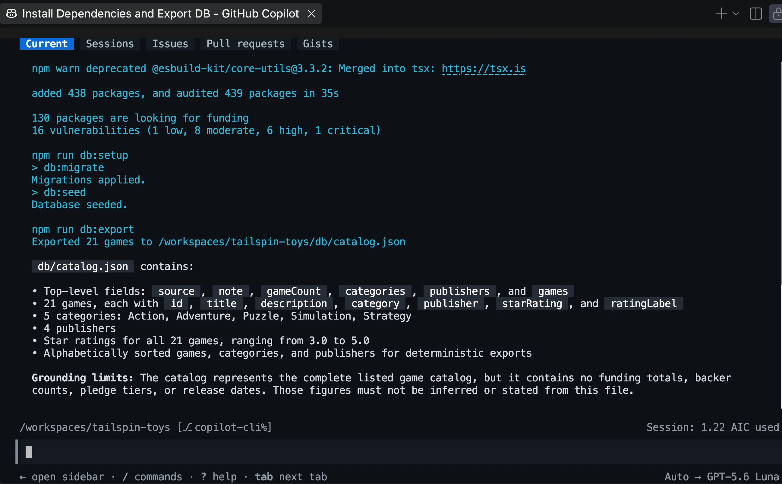 Summary of the catalog export