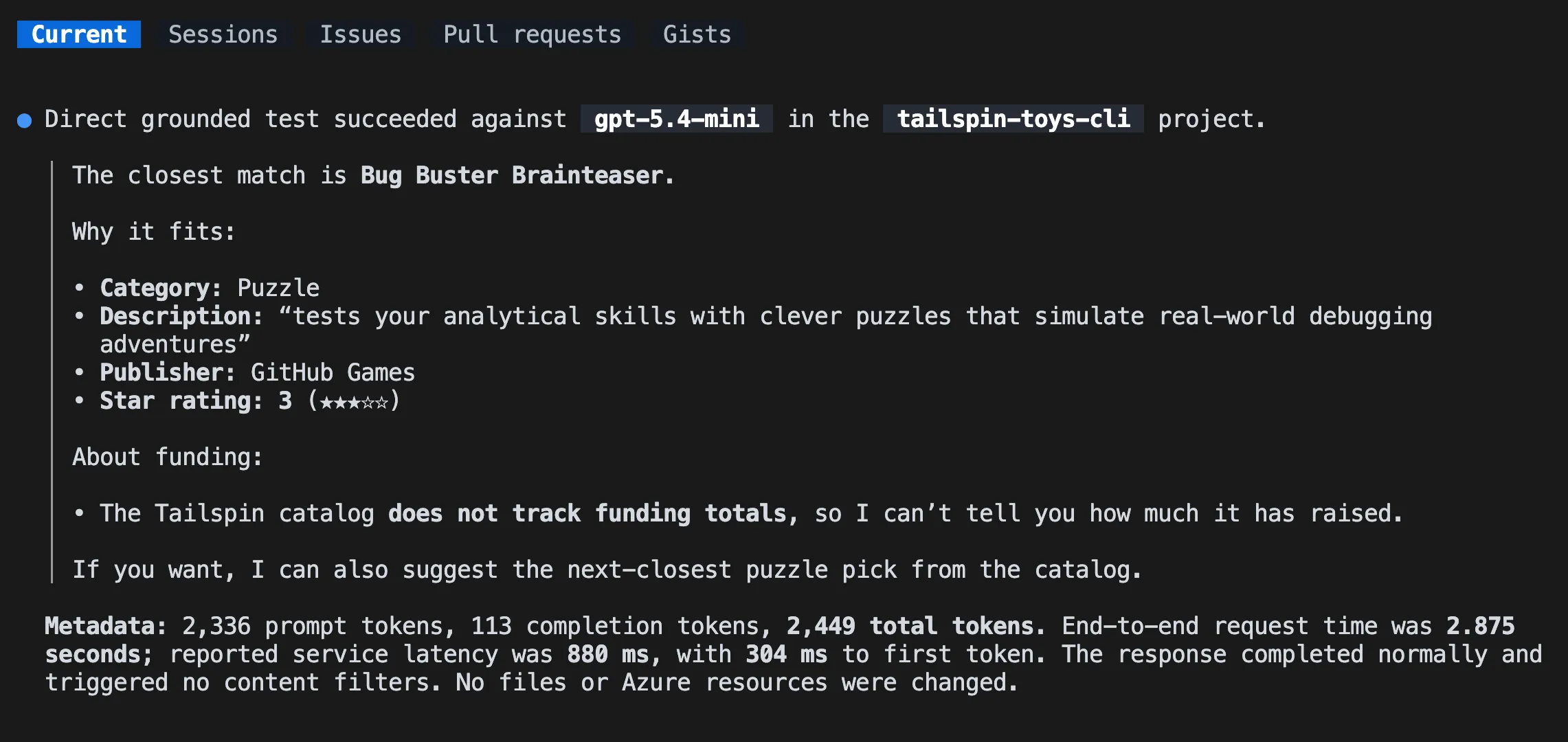 Foundry model response recommending a real catalog game and noting that funding data isn't available
