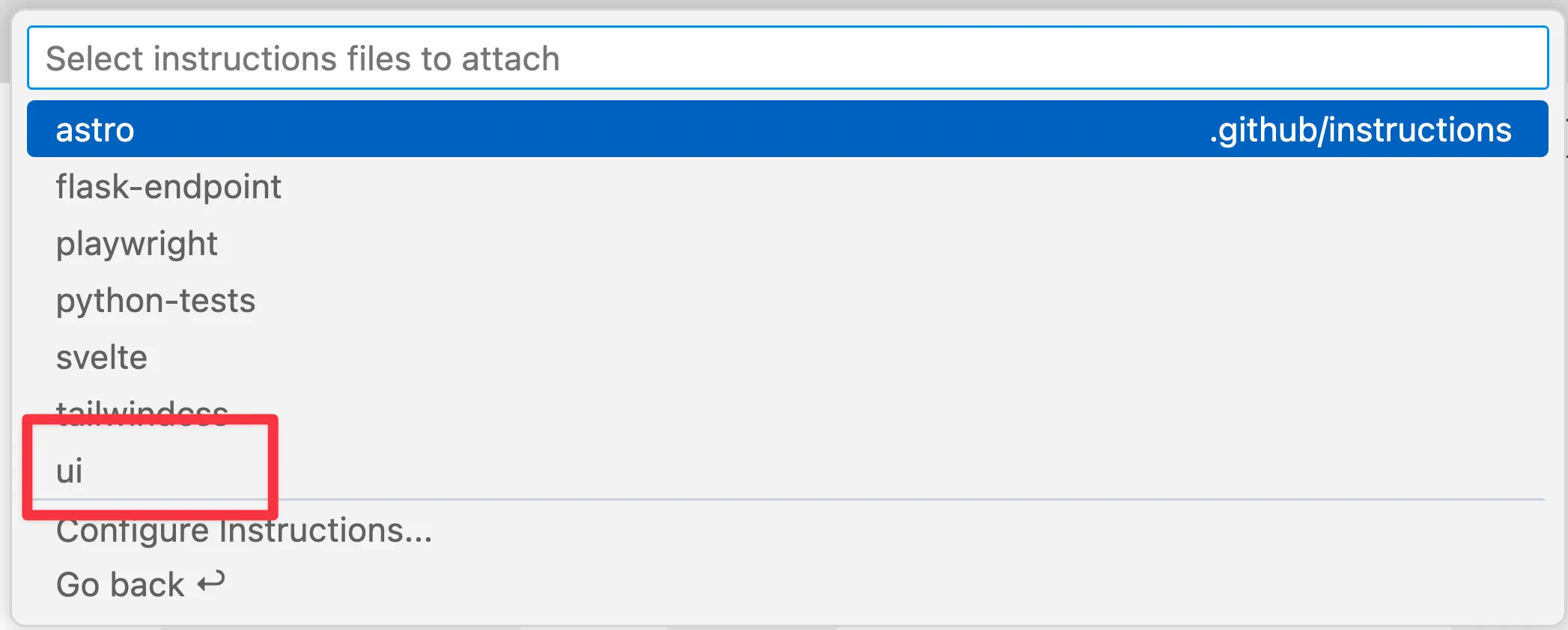 Screenshot showing an example of selecting the UI instructions file
