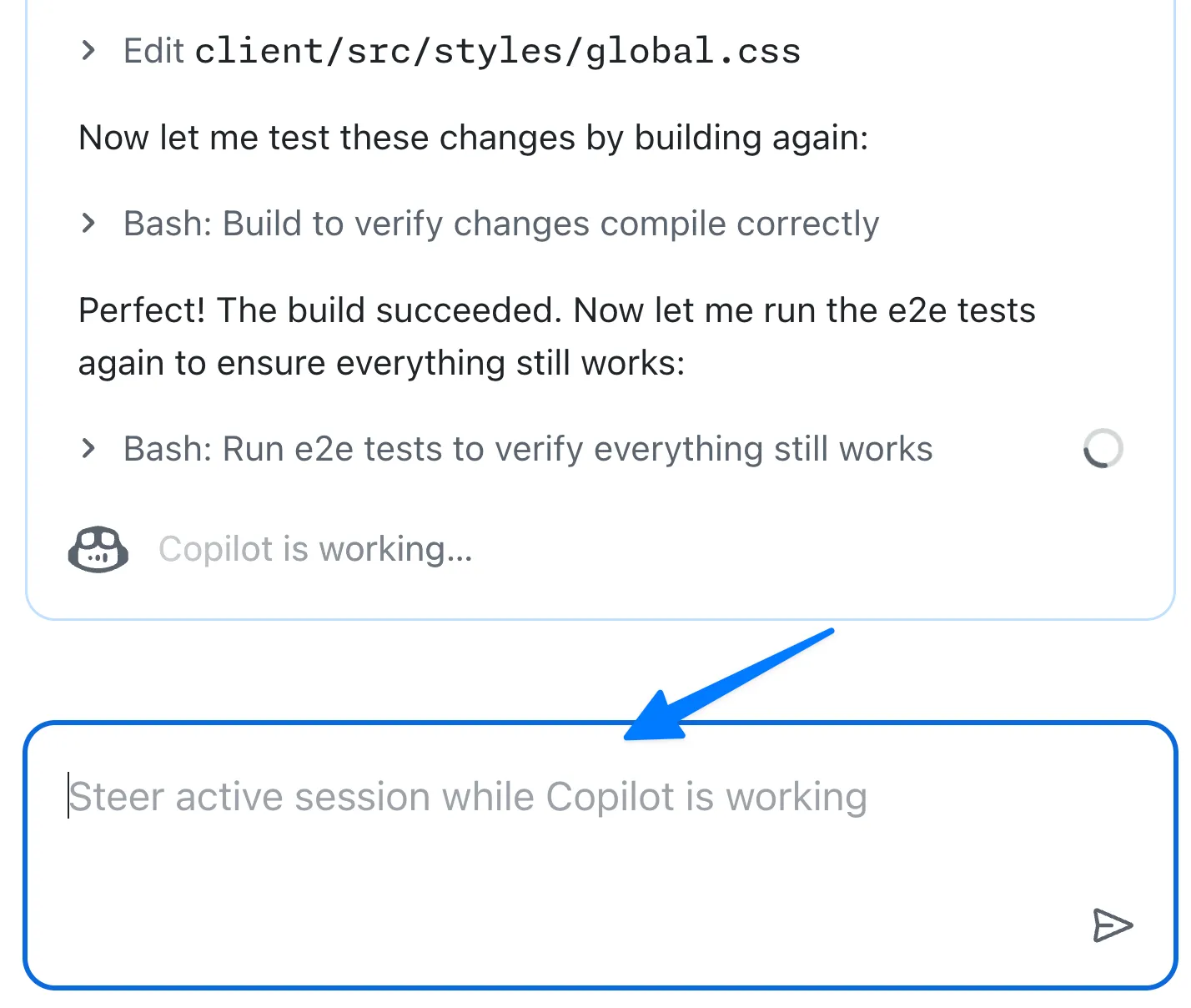Screenshot of the cloud agent task in the agents page with the steer active session while copilot is working dialog highlighted