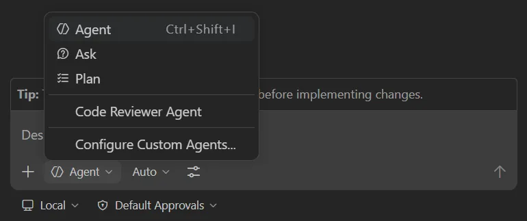 Screenshot showing the agent picker in the Chat view.