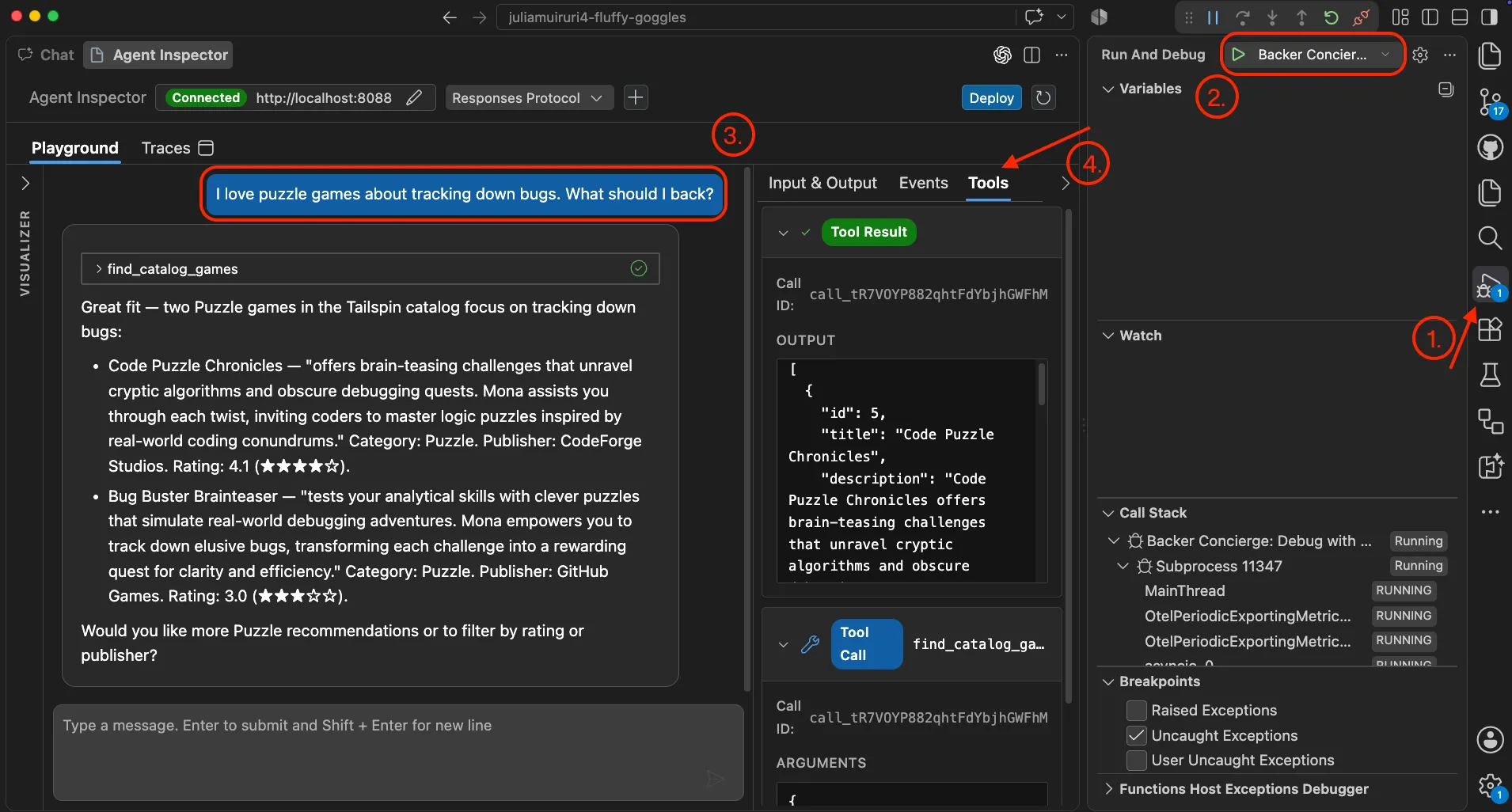 Screenshot showing local Agent debug workflow.