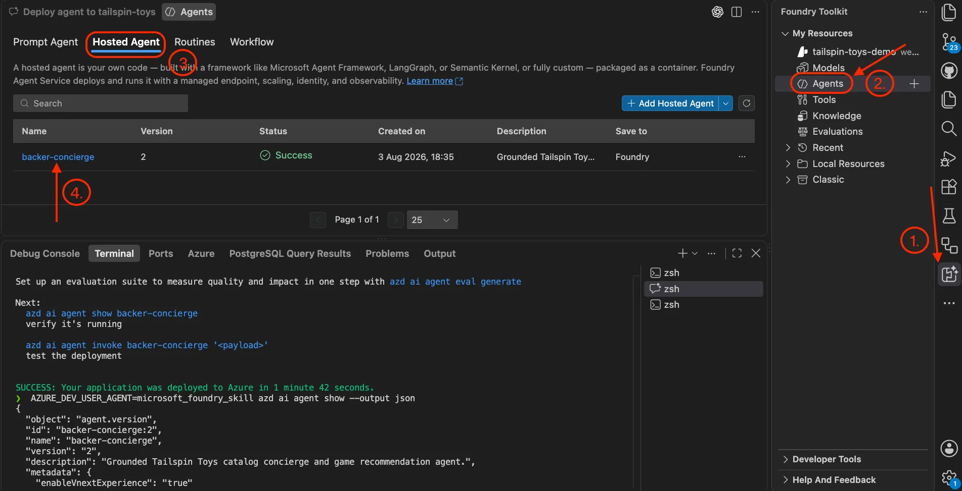 Screenshot showing the deployed hosted agent.