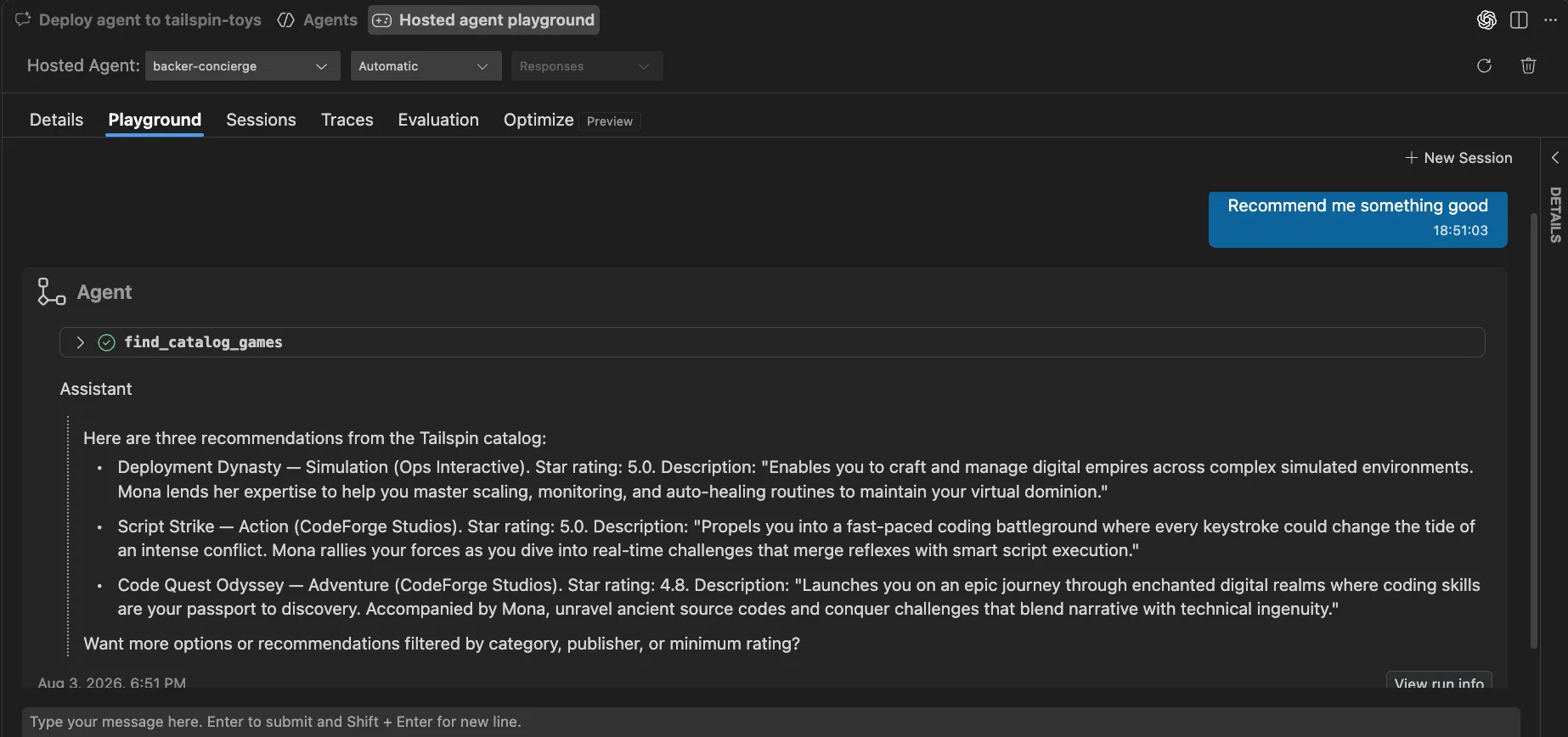 Screenshot showing a response from the deployed hosted agent.