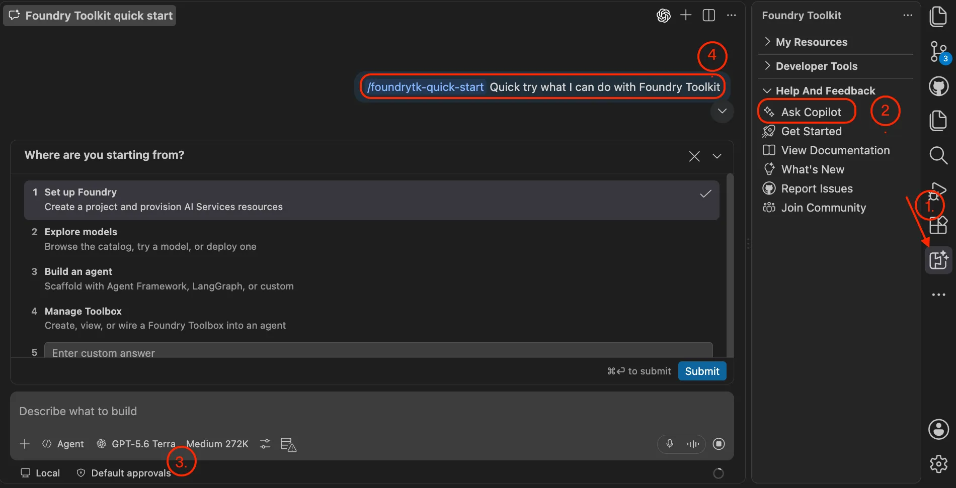Screenshot showing the Foundry Toolkit quickstart sequence.