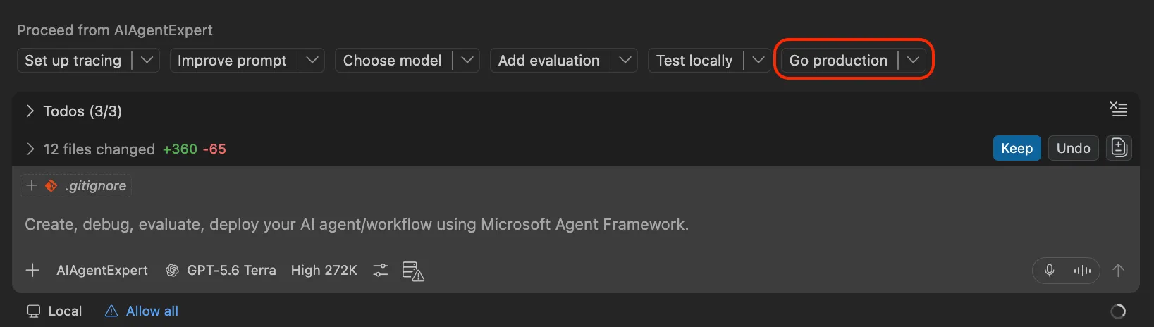 Screenshot showing hand off options from the AIAgentExpert agent.